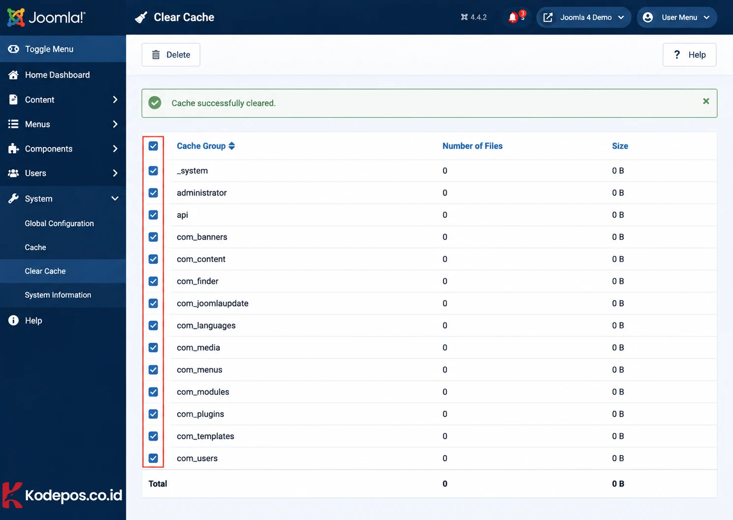 clear joomla cache