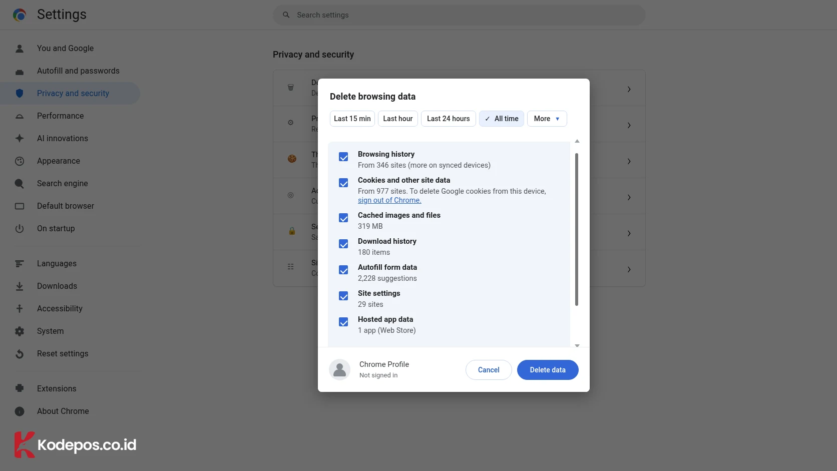 hapus cache cookie dan ssl state browser 2