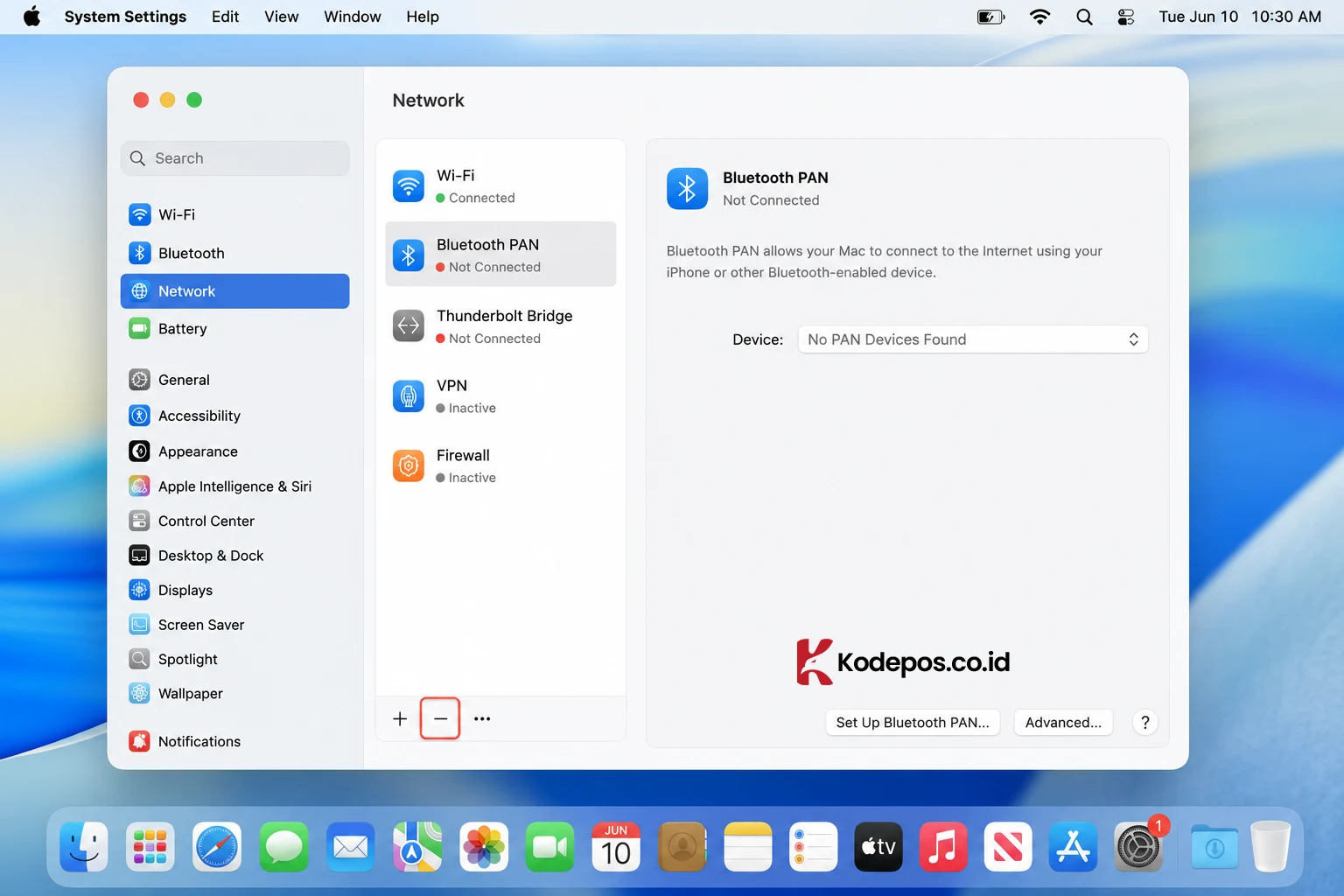 nonaktifkan koneksi jaringan macos