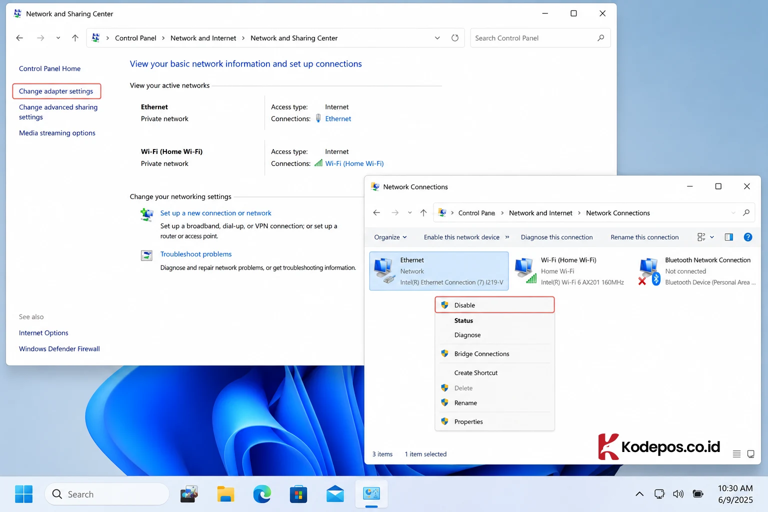 nonaktifkan koneksi jaringan windows 11
