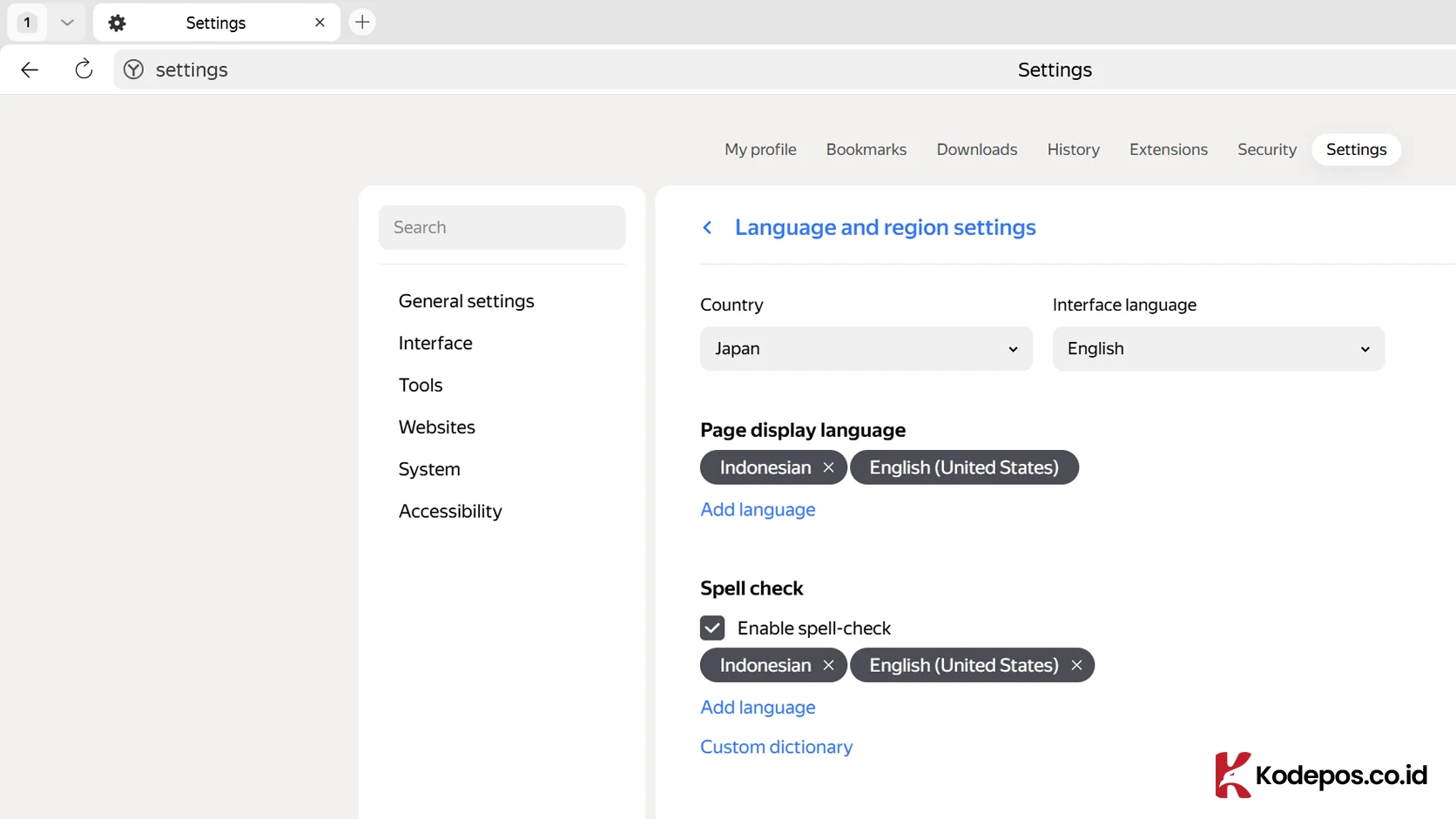 pengaturan yandex japan