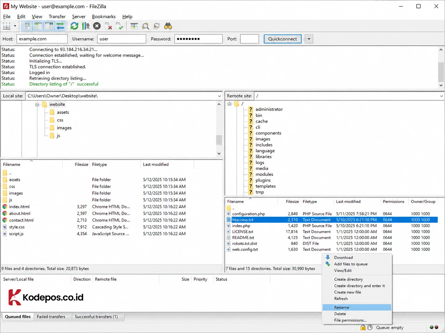 rename htaccess.txt menjadi .htaccess via ftp
